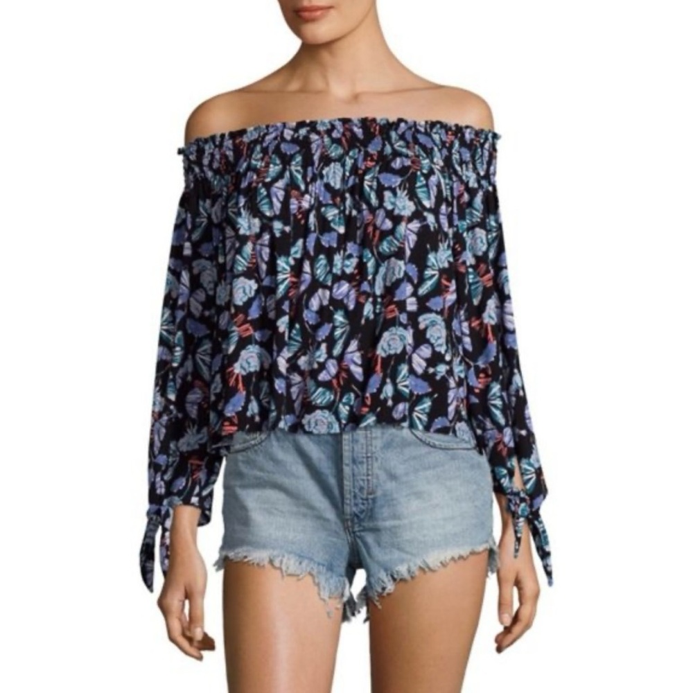 Free People Lexington Off Shoulder XS Blouse Blue Butterfly Floral Boho Summer